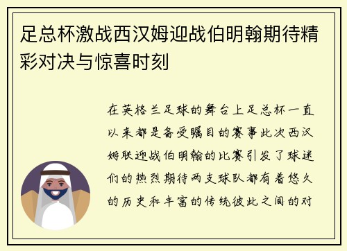 足总杯激战西汉姆迎战伯明翰期待精彩对决与惊喜时刻